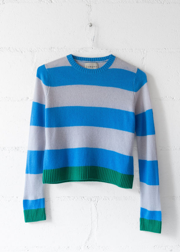 Cashmere Contrast Stripe Crew Sweater in Sky Fog, from Jumper 1234