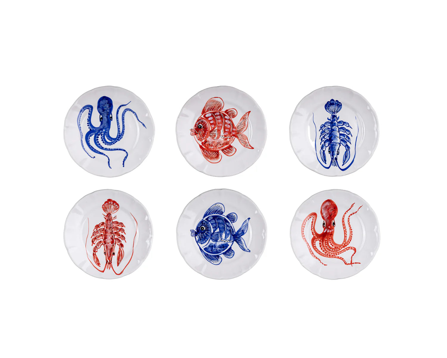Set of 6 dinner Plates in Red and Blue, from Casa Amalfi