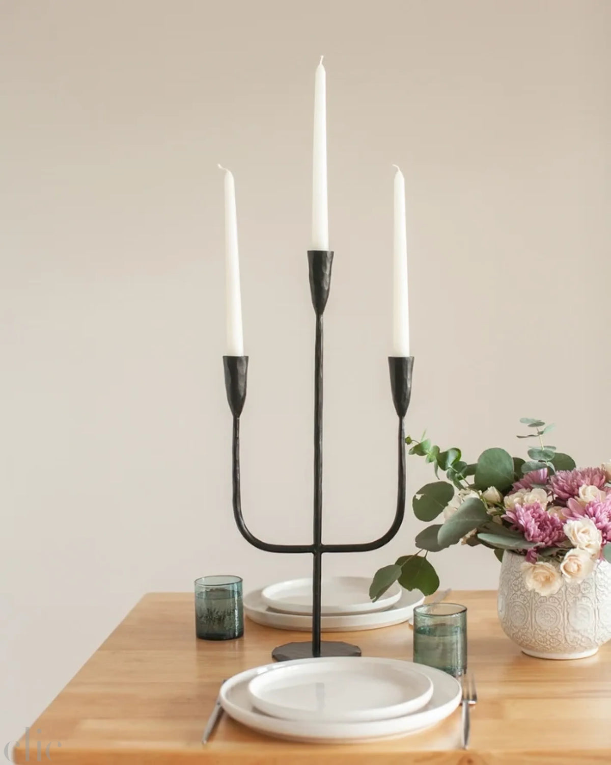 Hand Forged Iron Candelabra Candle Holder in Black