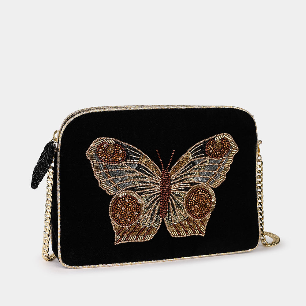 Butterfly Velvet Sling Back Bag in Black, from Olivia Dar