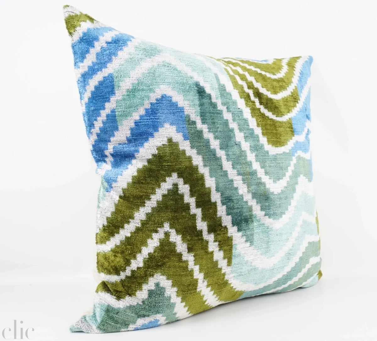 Handmade Ikat Silk Velvet Pillow in Olive and Blue