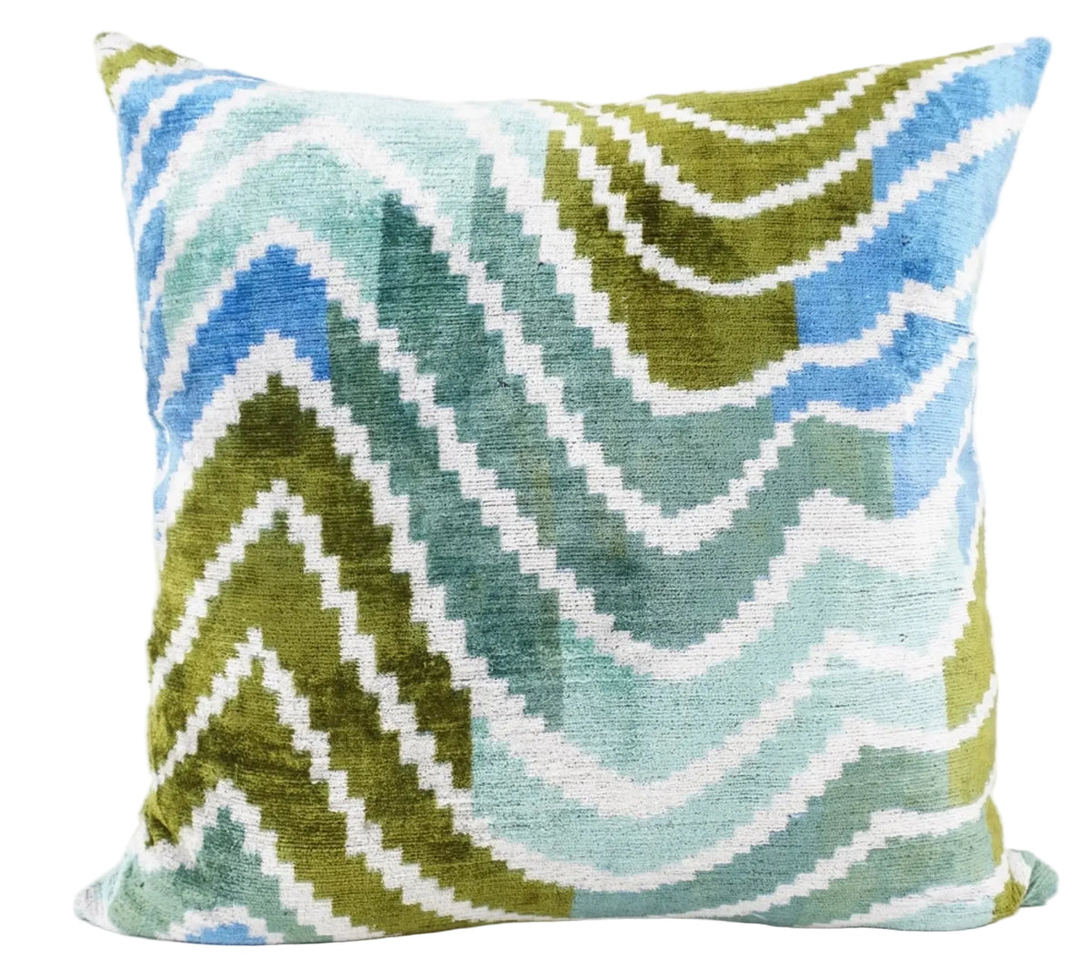 Handmade Ikat Silk Velvet Pillow in Olive and Blue