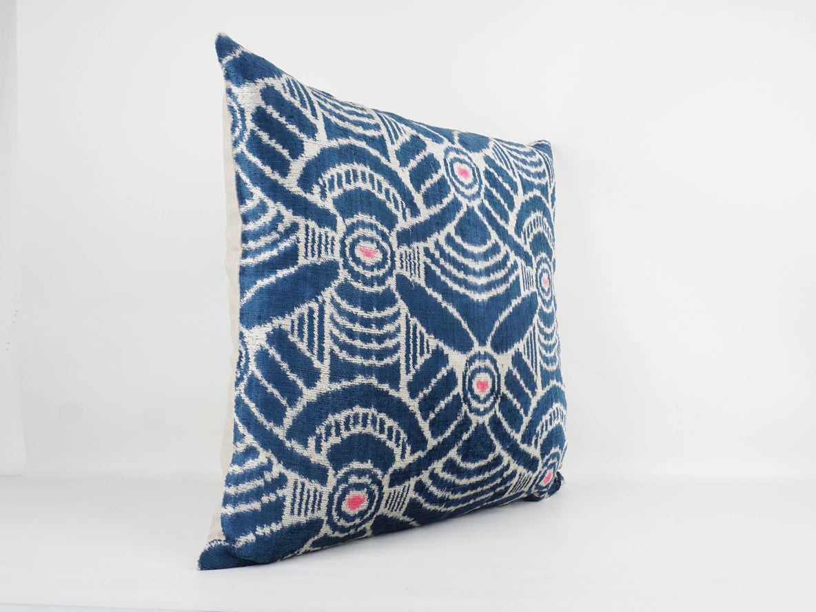 Ikat Silk and Velvet Pillow in Blue Pat, from MD Home