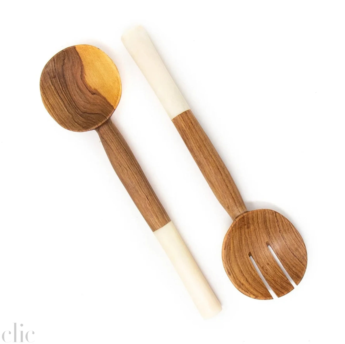 Olive Wood Serving Set with White Bone Handles