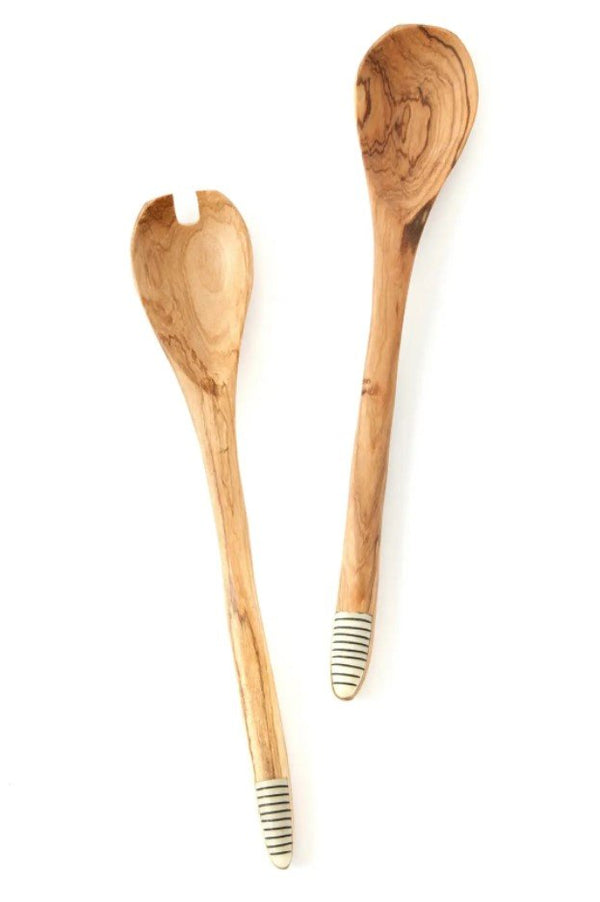Notched Wild Olive Wood Salad Servers with Etched White Bone Handles