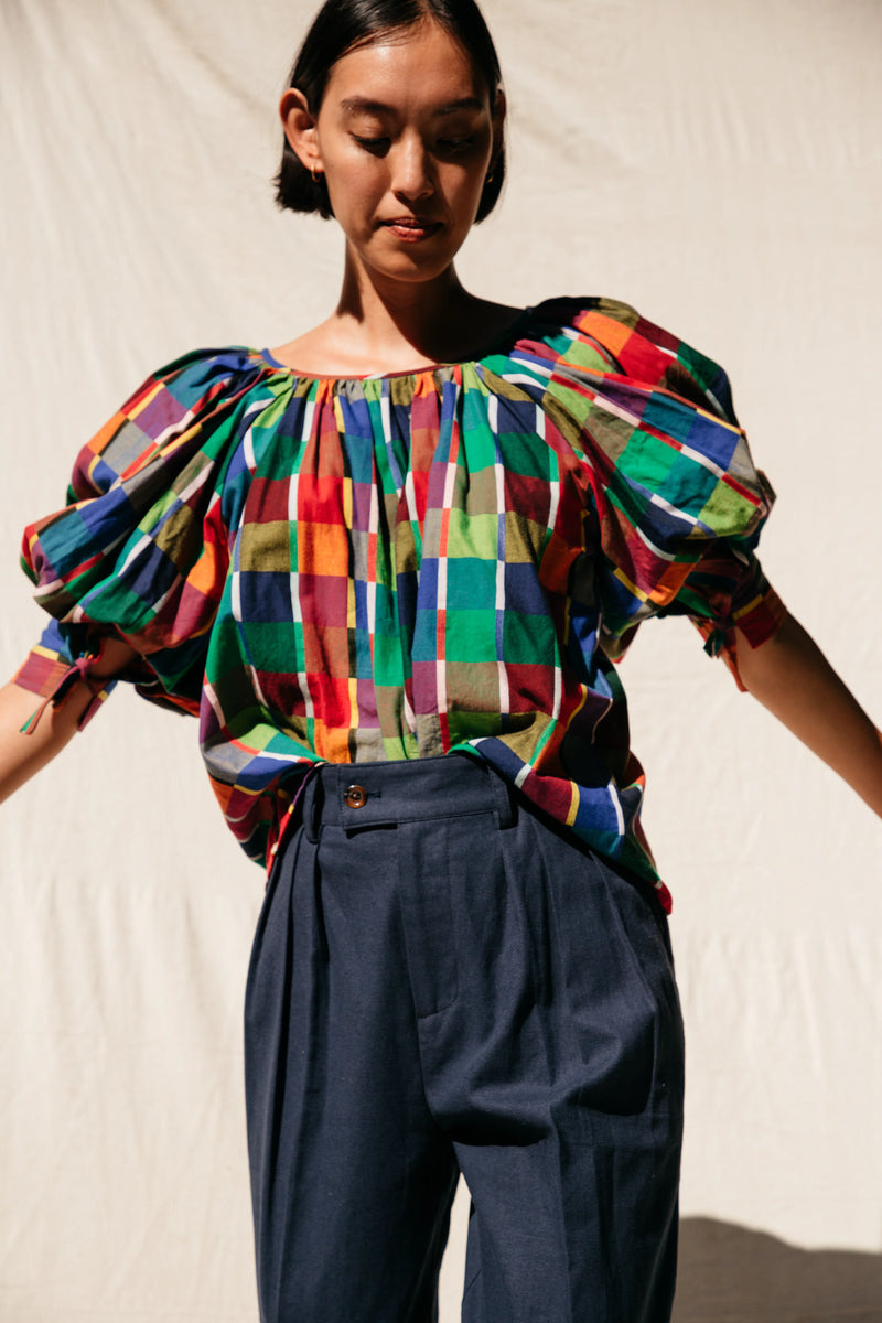 Juli Puff Sleeve Top in Rainbow Grid, from Nikki Chasin