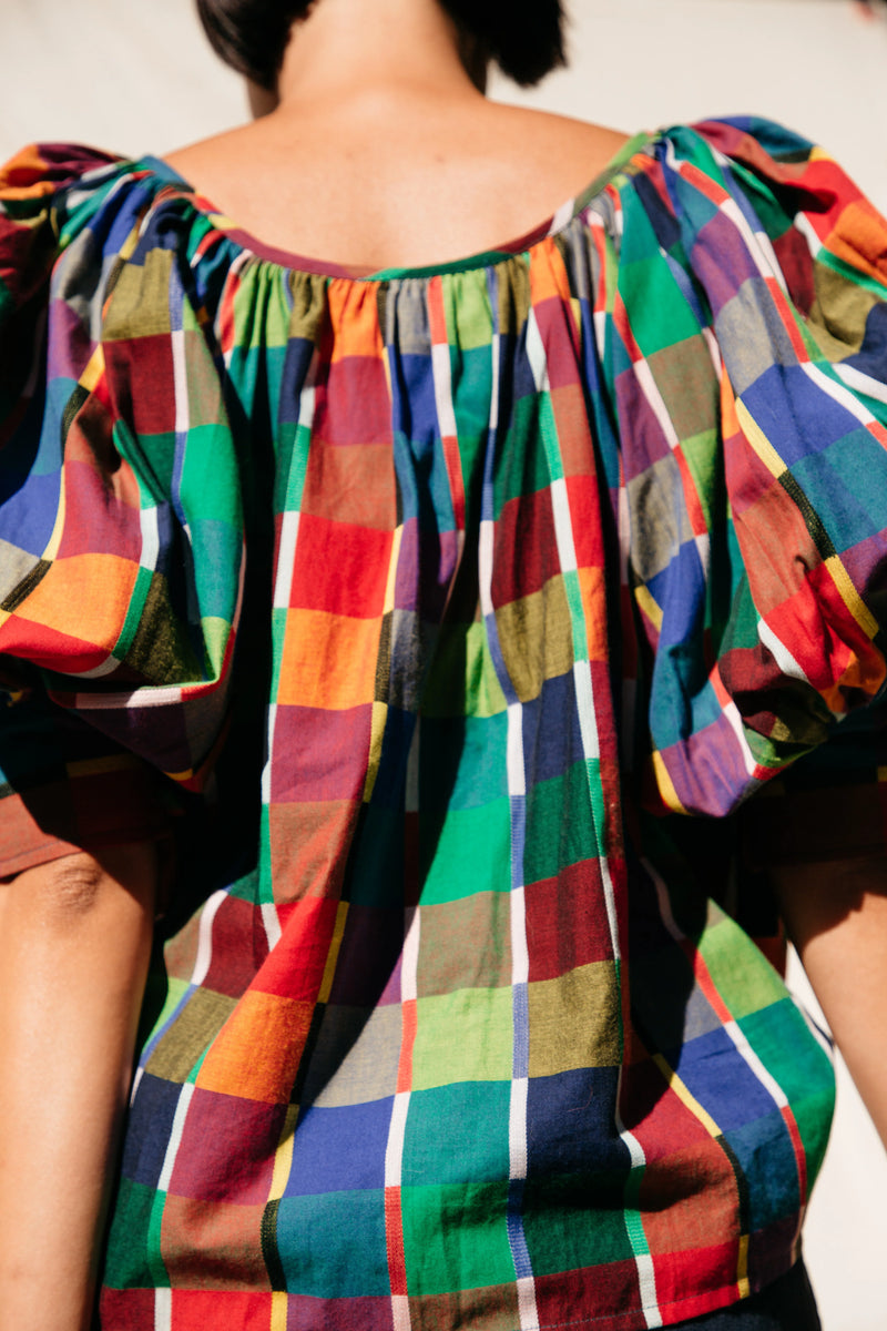 Juli Puff Sleeve Top in Rainbow Grid, from Nikki Chasin