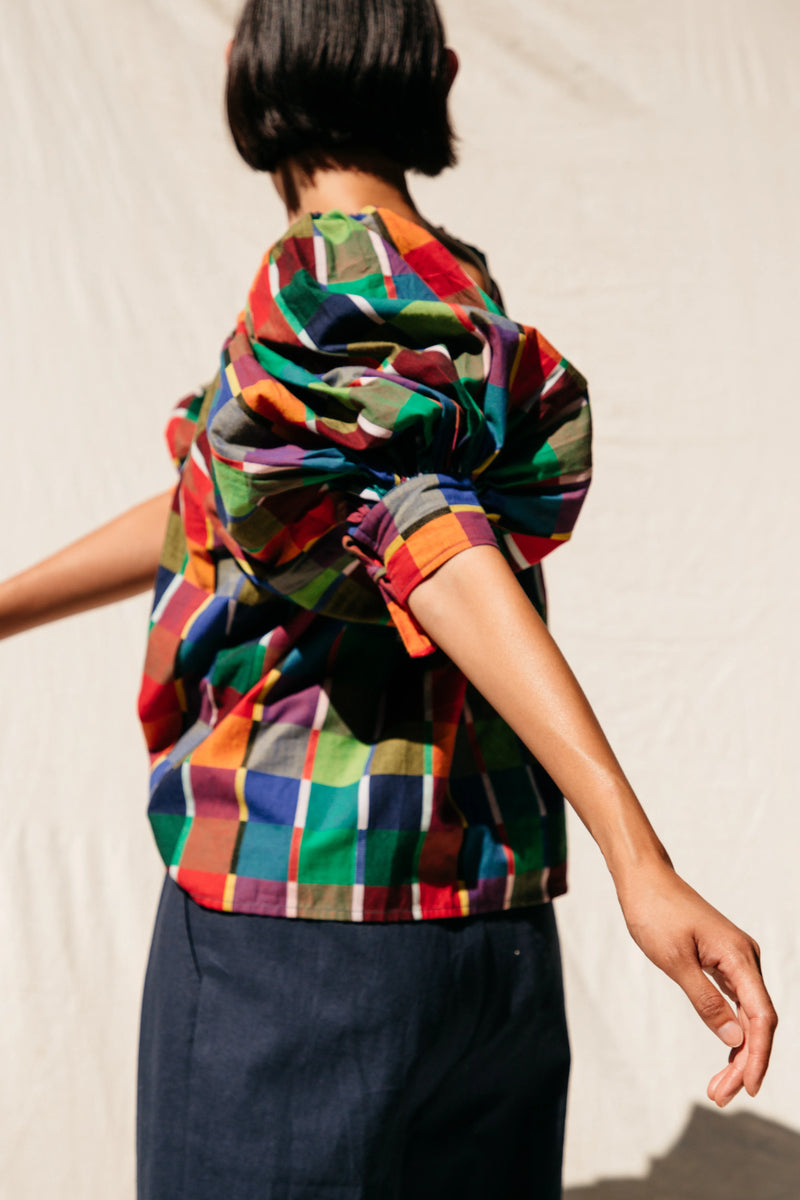 Juli Puff Sleeve Top in Rainbow Grid, from Nikki Chasin