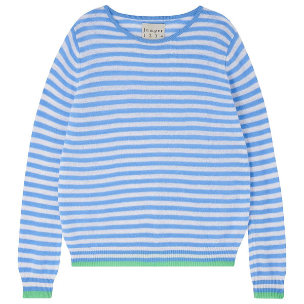 Cashmere Tipped Little Stripe Crew in Sky, Cream and Apple, from Jumper 1234