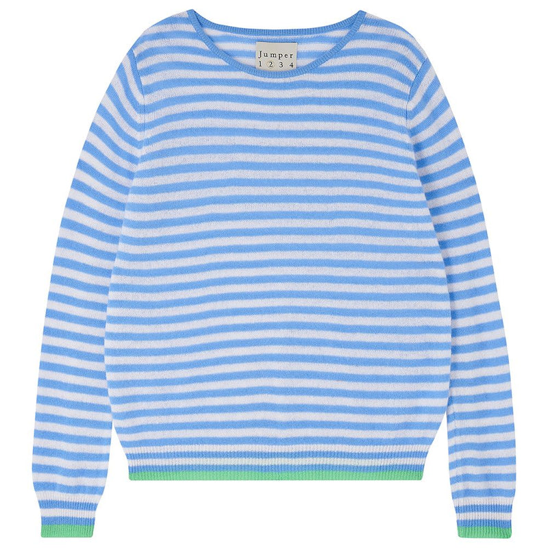 Cashmere Tipped Little Stripe Crew in Sky, Cream and Apple, from Jumper 1234