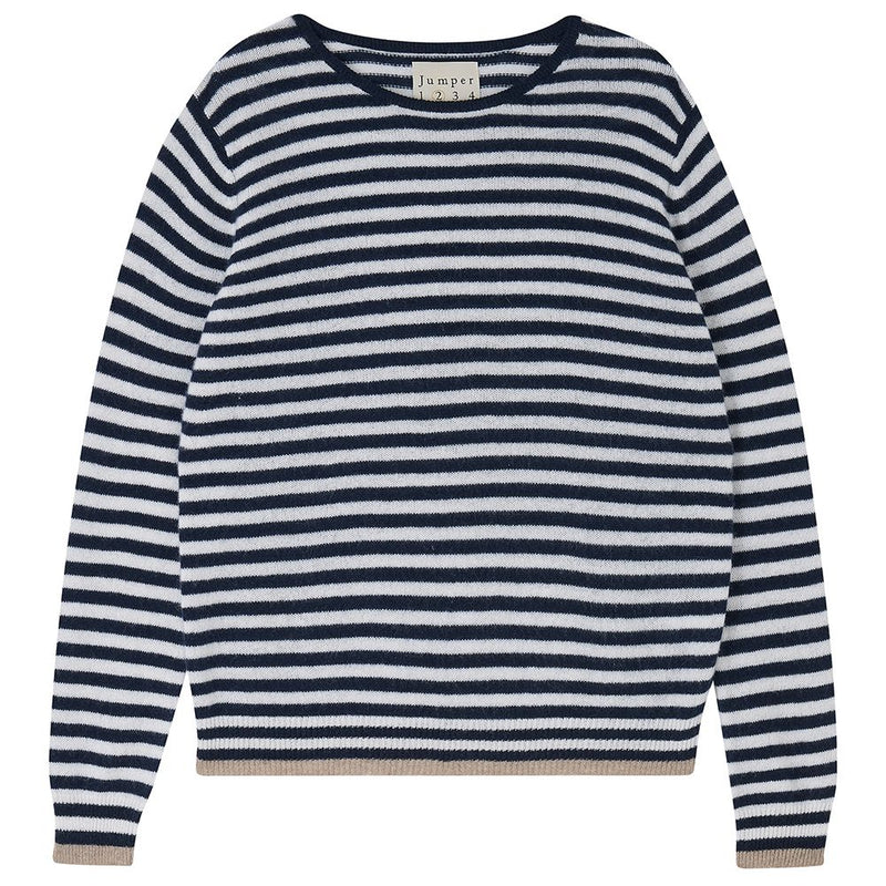 Cashmere Tipped Little Stripe Crew in Navy, Lily, and Brown, from Jumper 1234