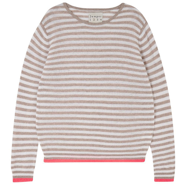 Cashmere Tipped Little Stripe Crew in Organic Light Brown, Cream and Tangerine, from Jumper 1234