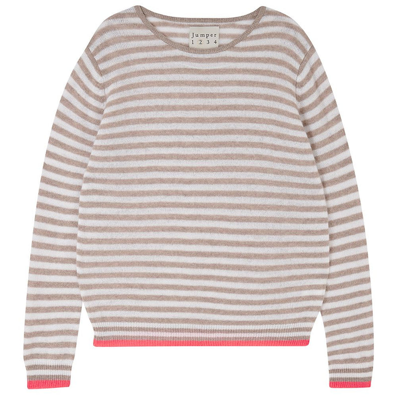 Cashmere Tipped Little Stripe Crew in Organic Light Brown, Cream and Tangerine, from Jumper 1234