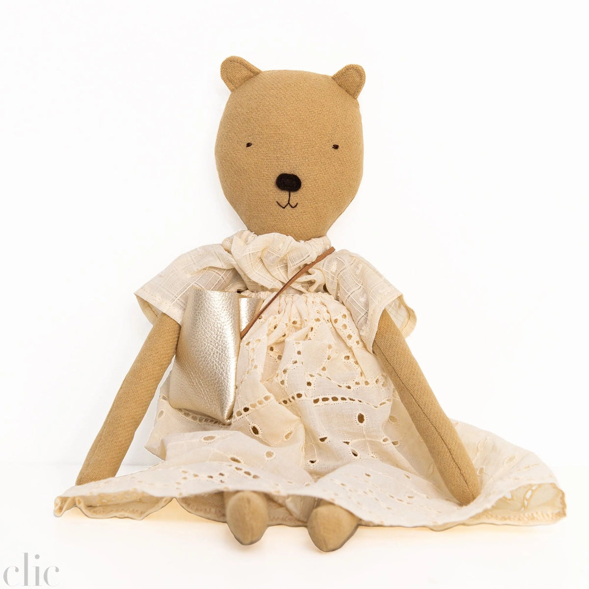 Agatha the Bear Heirloom Wool Doll in Meadow Eyelet Skirt