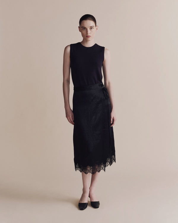 Lace Trim Satin Wrap Skirt in Black, from Mijeong Park