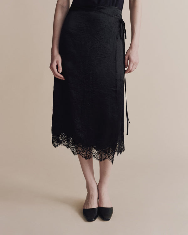 Lace Trim Satin Wrap Skirt in Black, from Mijeong Park