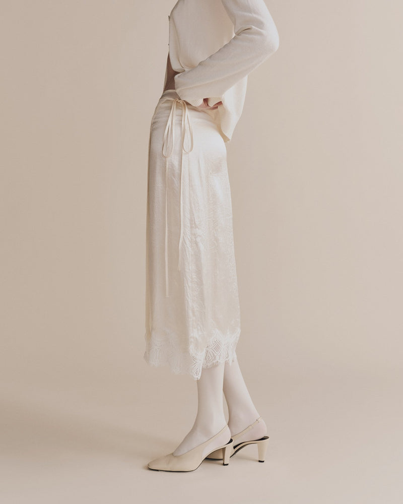 Lace Trim Satin Wrap Skirt in Ivory, from Mijeong Park