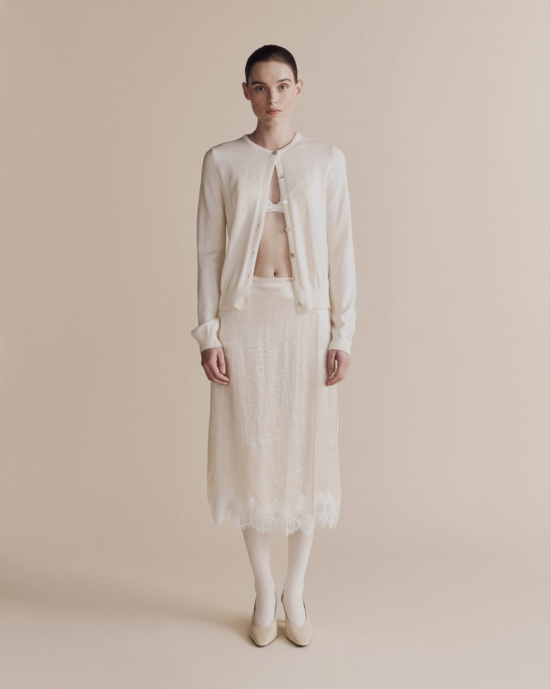 Lace Trim Satin Wrap Skirt in Ivory, from Mijeong Park