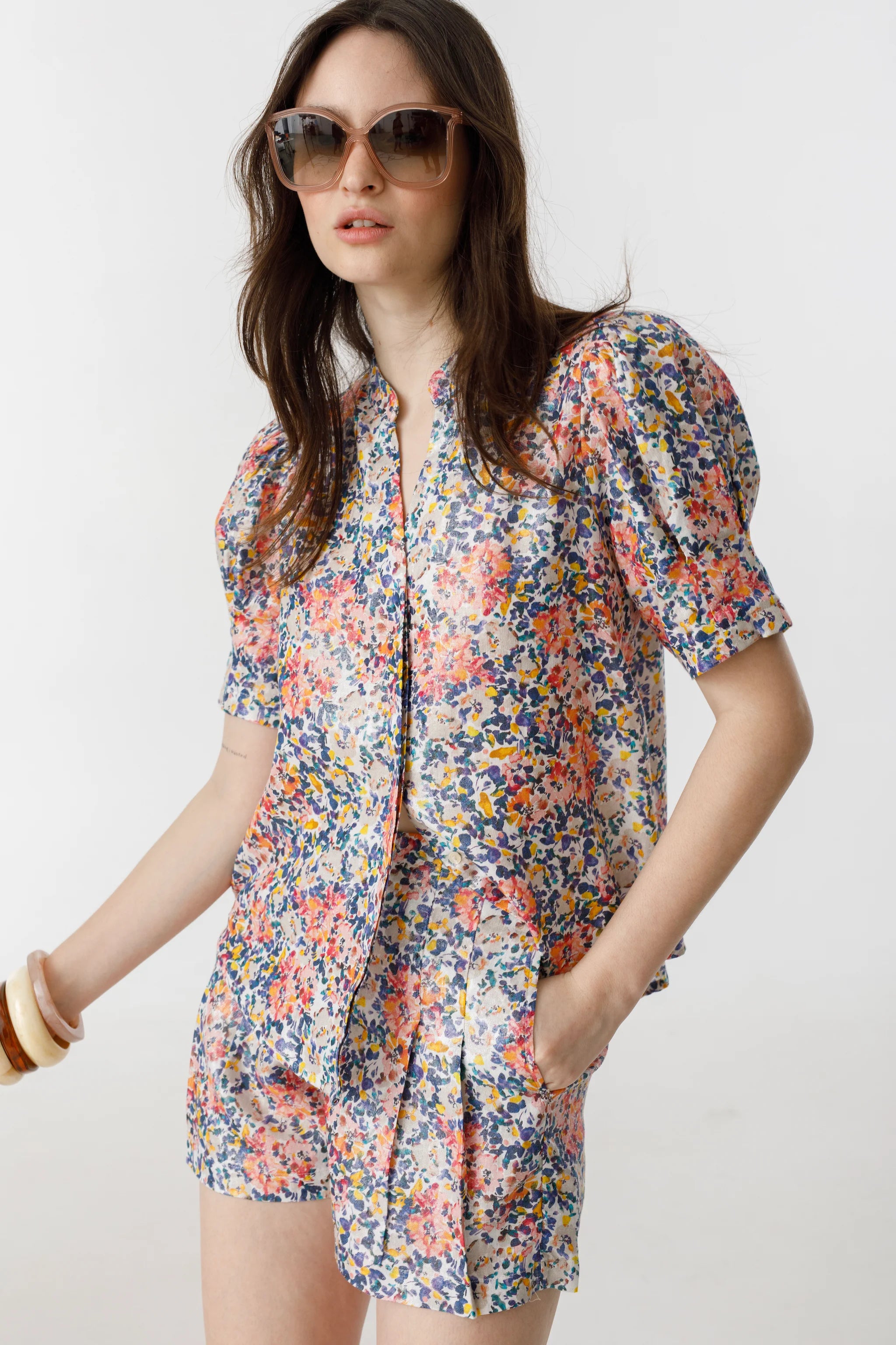 Athina Metallic Linen Shirt in Florece Print, from Lanhtropy