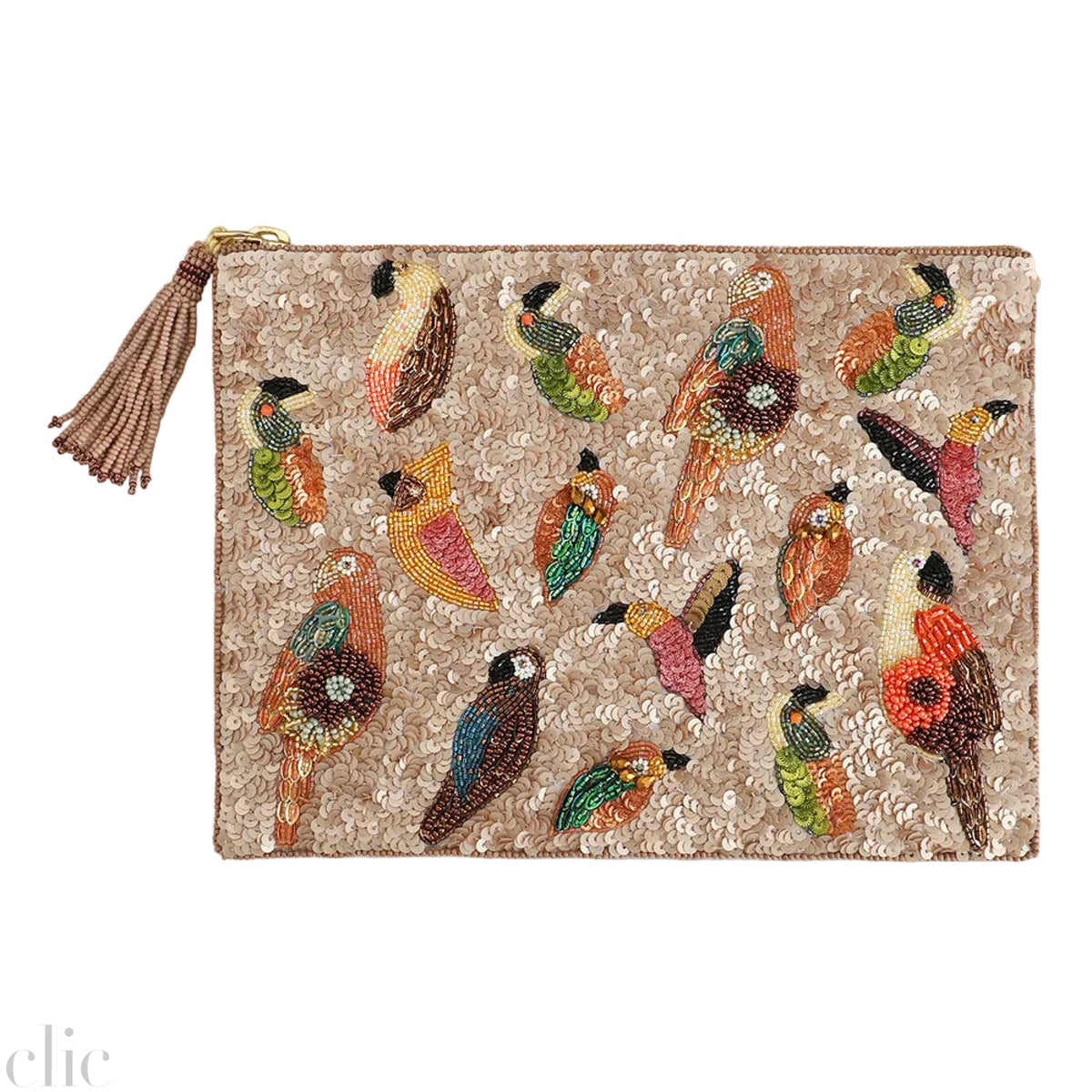 Multi Birds Sequins Bag in Beige, from Olivia Dar