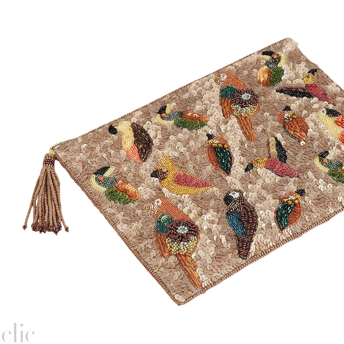 Multi Birds Sequins Bag in Beige, from Olivia Dar