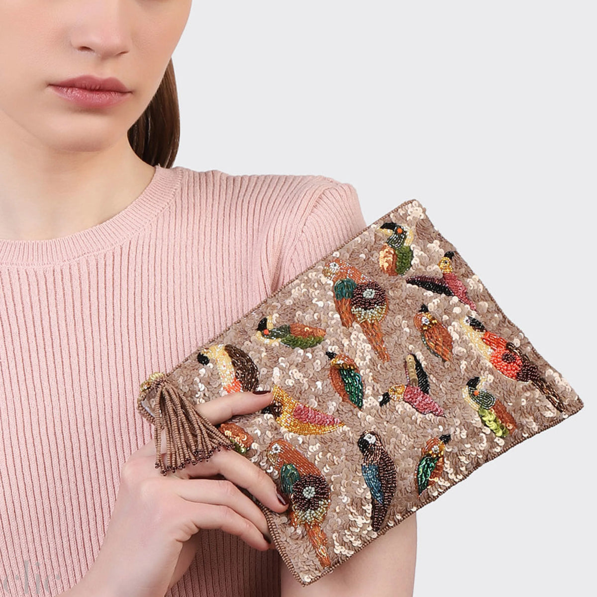 Multi Birds Sequins Bag in Beige, from Olivia Dar