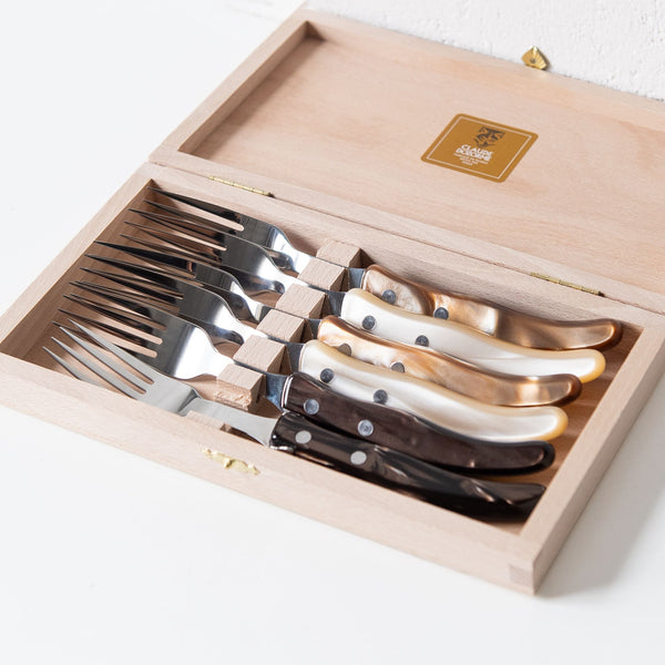 Berlingot Box of 6 Steak Forks in Cappuccino, from Claude Dozorme