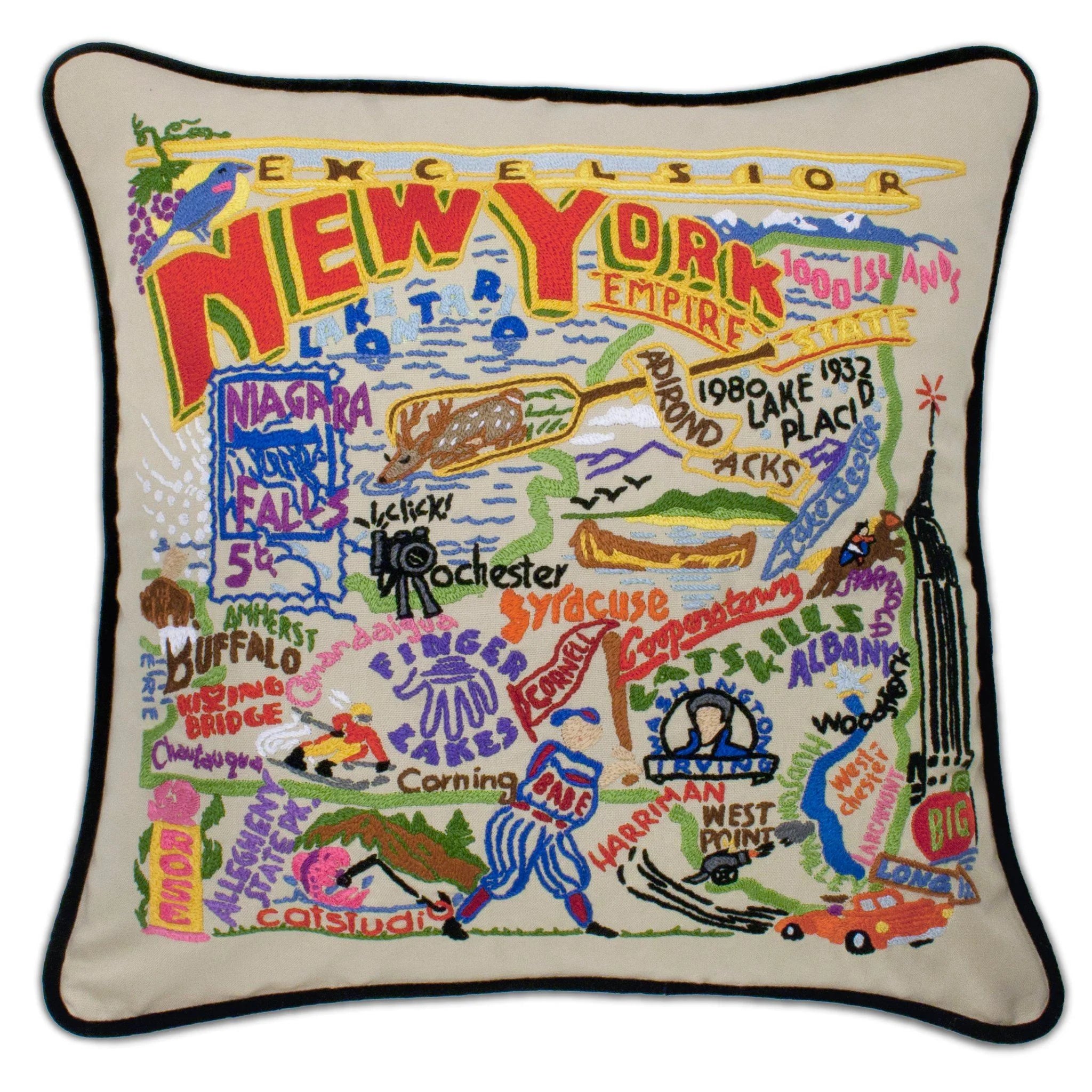 New York State Hand-Embroidered Pillow, from Catstudio