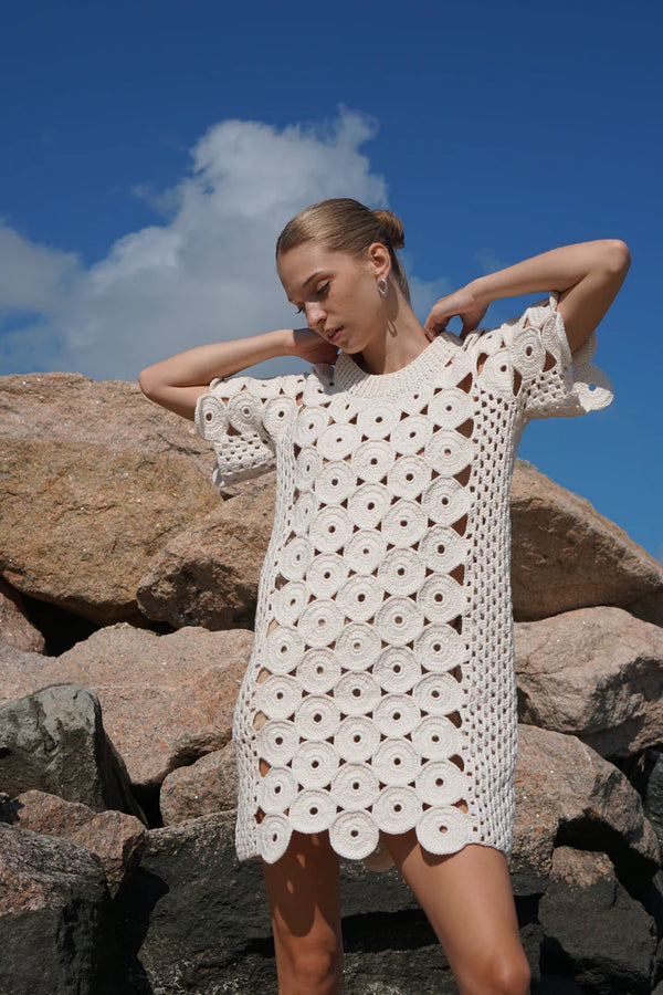 Circle Crochet Tee Shirt Dress in Ivory, from Proche