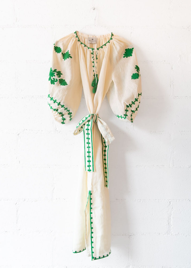 Los Cabos Puff Dress in Ecru and Green, from Benaras by Citrus