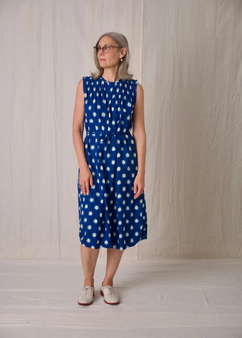 Pintuck Dress Cyan Dot Ikat, from Uqnatu