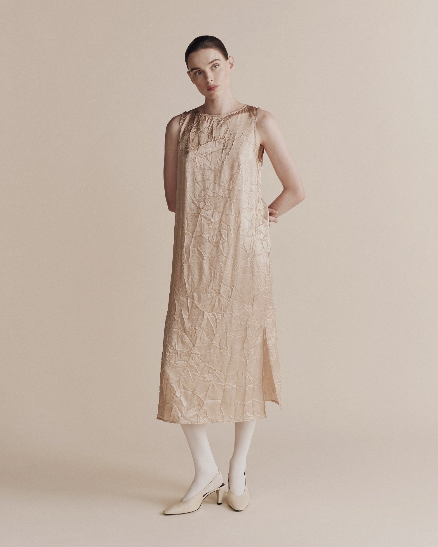Creased Satin Midi Dress in Beige, from Mijeong Park