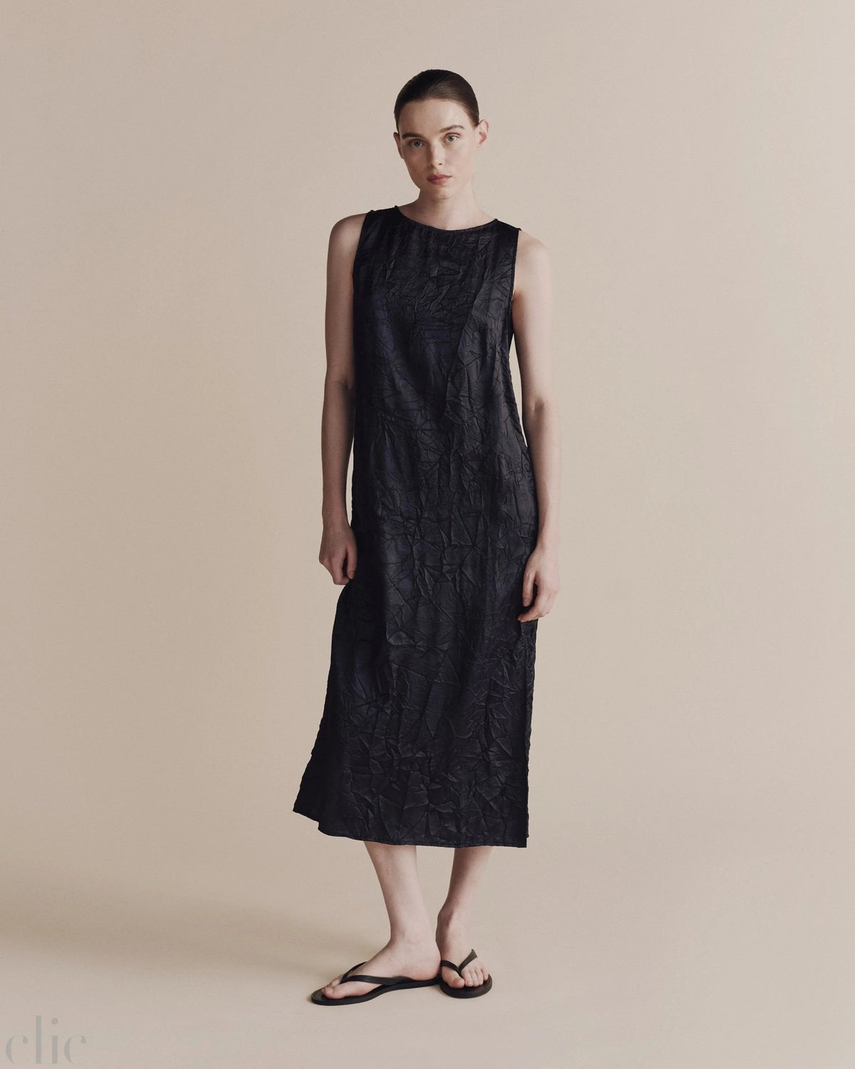 Creased Satin Midi Dress in Navy, from Mijeong Park