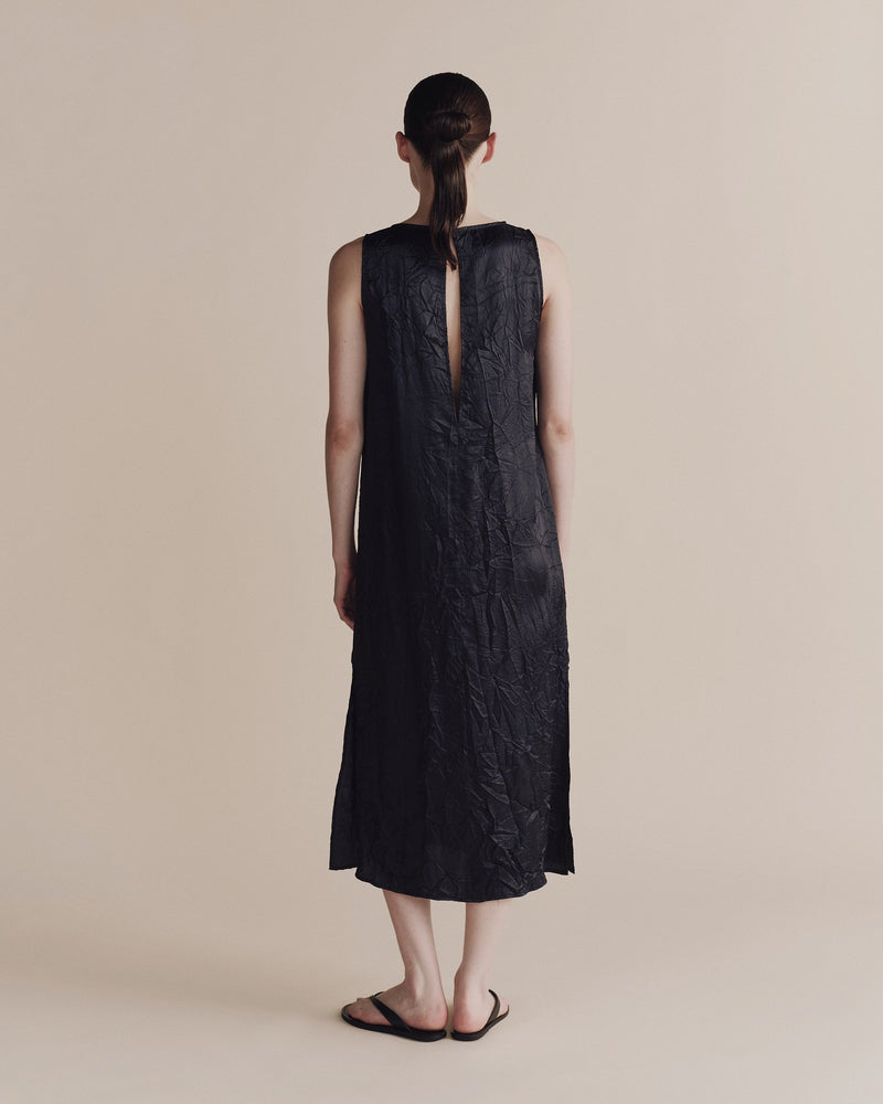 Creased Satin Midi Dress in Navy, from Mijeong Park