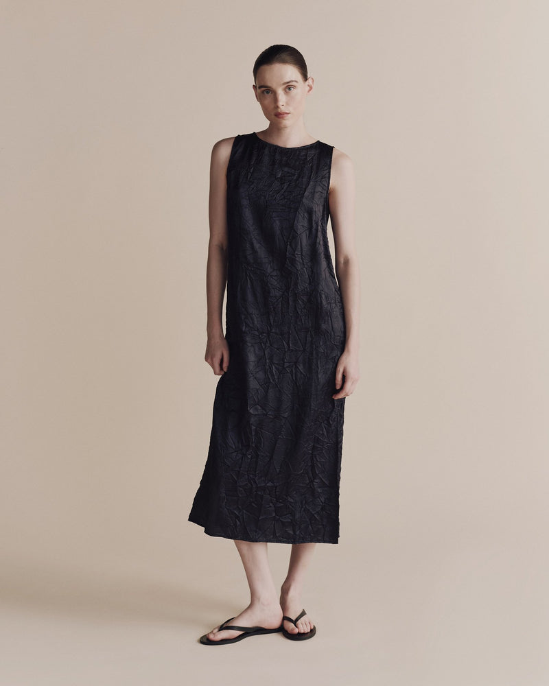Creased Satin Midi Dress in Navy, from Mijeong Park