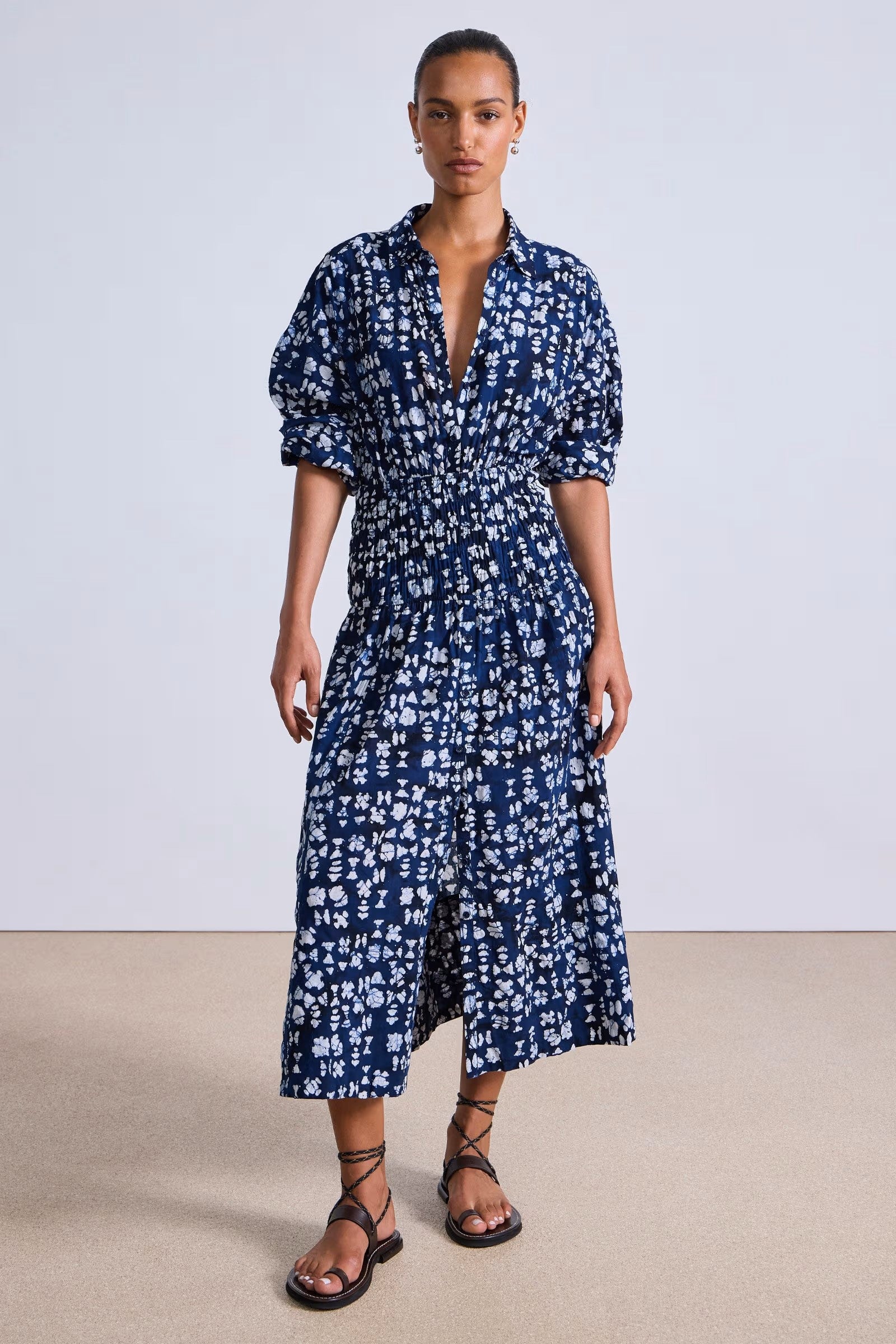Sophia Smocked Shirt Dress in Batik Geo Indigo, from Apiece Apart
