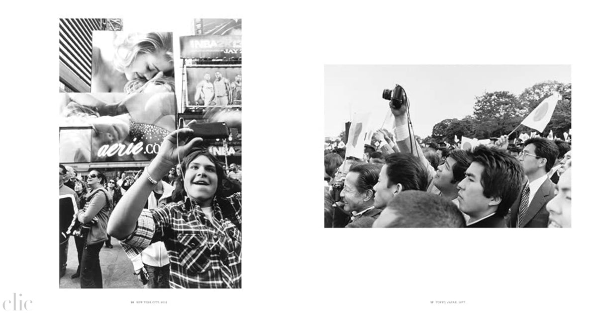 Two black and white photos of people in a crowd with one person holding a sign.
