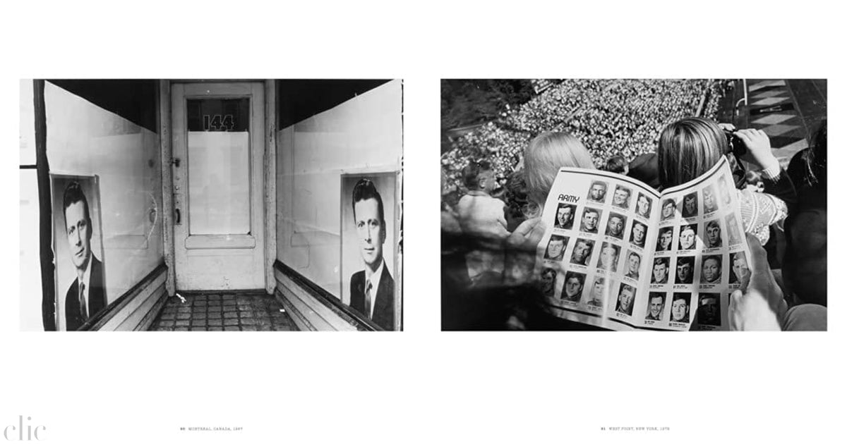Two black and white images: one of a hallway with portraits on the wall, the other of a person looking at a yearbook.
