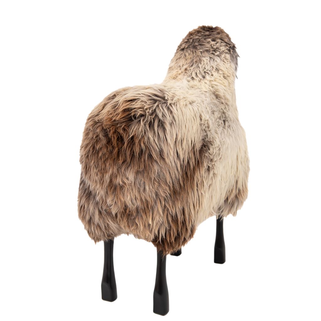 Large Sheep Stool in Grey Brown fur and Black Wood