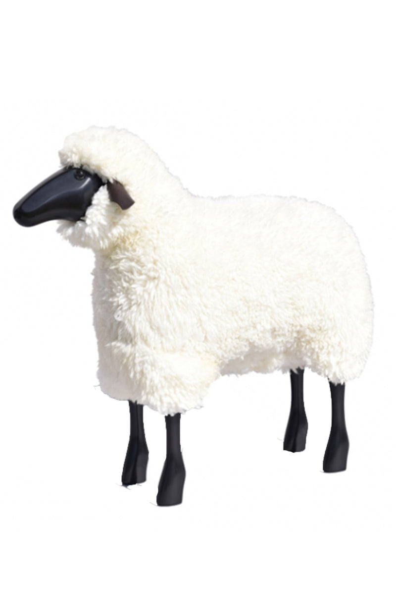 Life Sized Sheep in White Fur and Black Wood