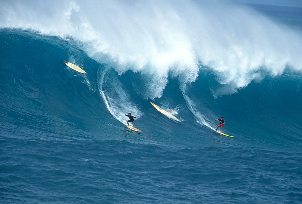 Waimea Bay, Oahu, James Jones and Brock Little by Jeff Divine